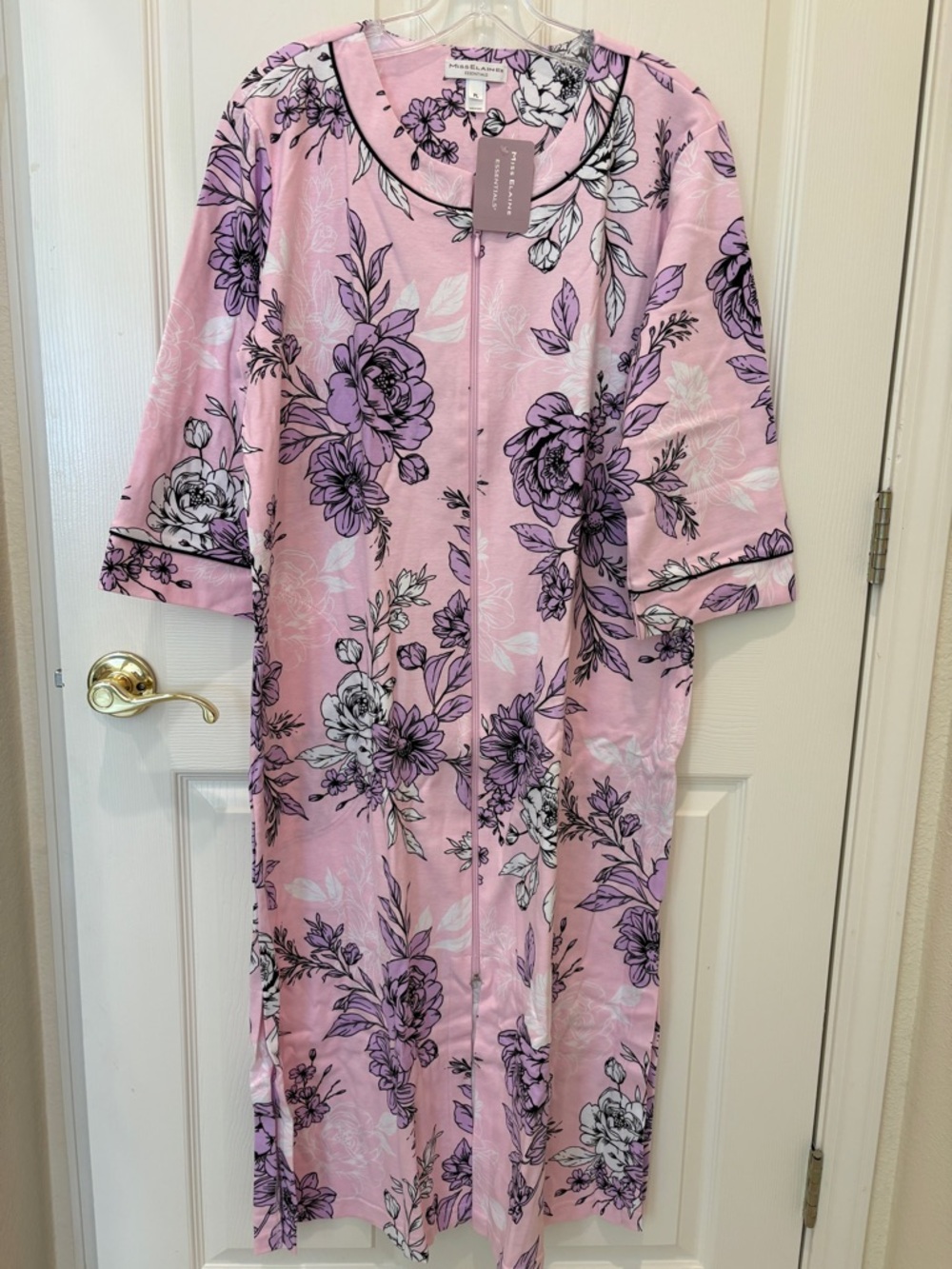 Miss Elaine Long Zip Robe Pink Floral Print Petite Large NWT